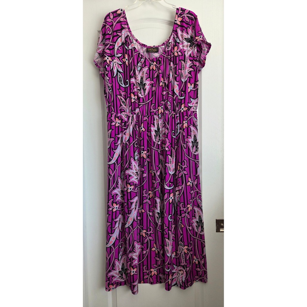 Bob Mackie‎ Wearable Art Purple Floral Scoop Neck Slinky Midi Dress Sz XLP